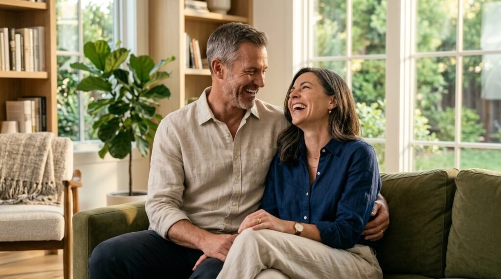 Fit and happy middle-aged American couple laughing in a sunlit living room representing sustainable weight loss results and vitality