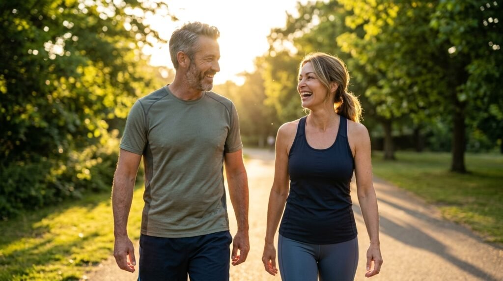 Fit middle-aged couple walking in a sunlit park illustrating sustainable weight loss results and an active lifestyle after 40