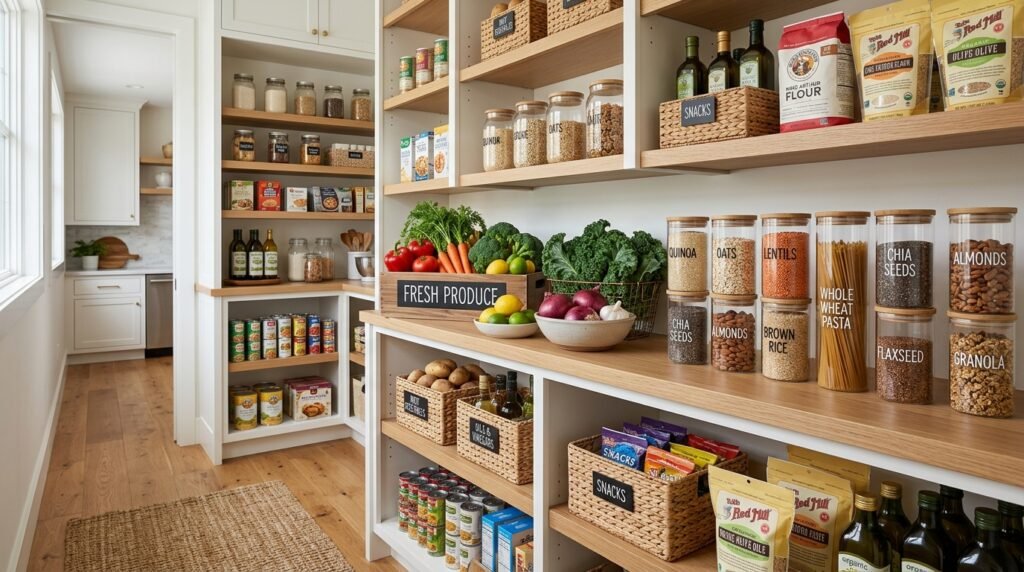Healthy kitchen pantry organization showing at-home weight loss strategies and environmental design for metabolic health