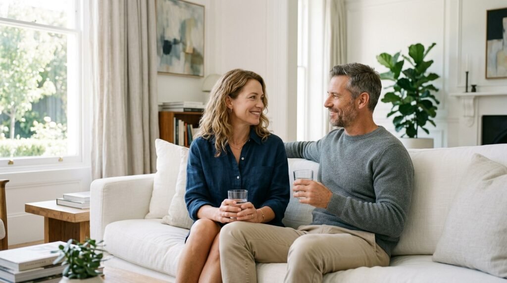 Relaxed couple sitting on a sofa in a modern home showing peace of mind through professional weight management support