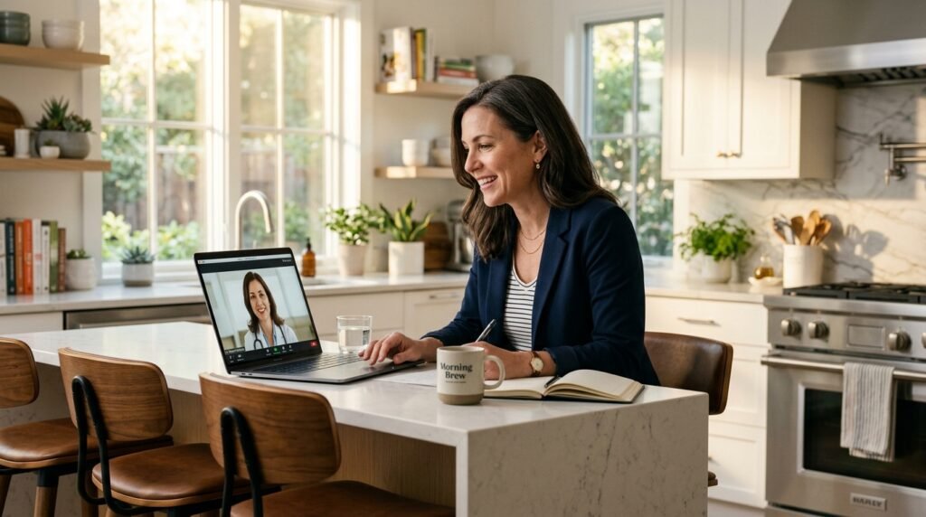 Professional medical weight loss at home via a telehealth consultation with a US-licensed provider in a bright modern kitchen.