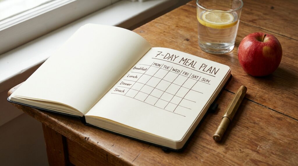 7-day step-by-step diet plan to lose weight written in a notebook