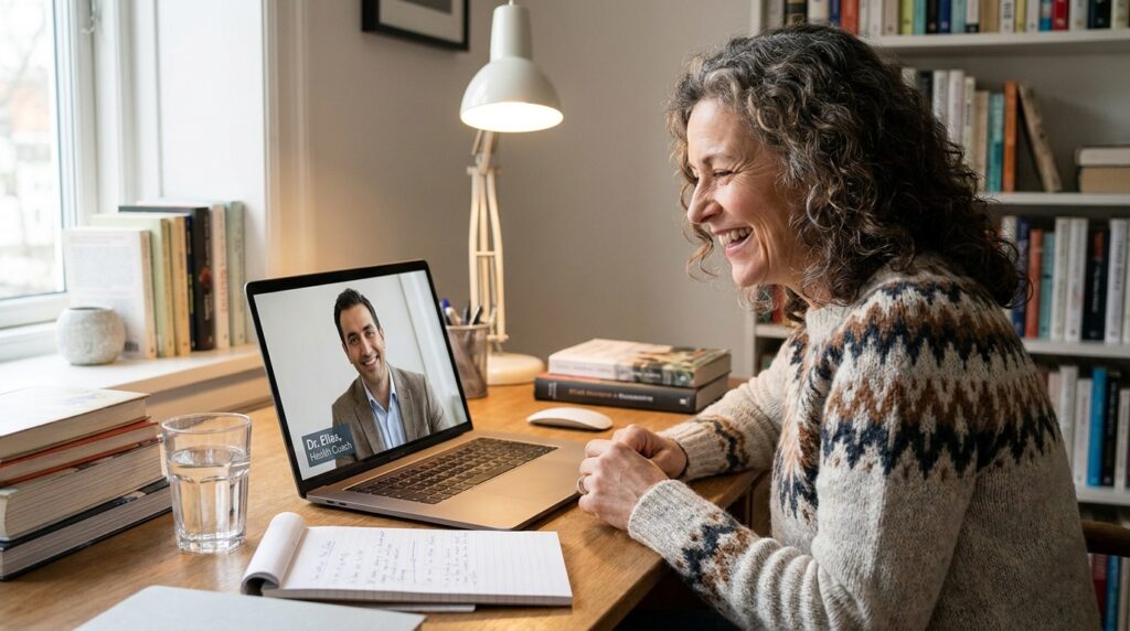 A person using an online weight loss program to consult with a health professional from home.