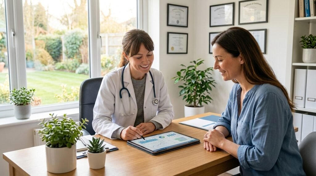 Doctor and patient reviewing weight management health data in a modern clinic, representing medical support and GLP-1 treatment options