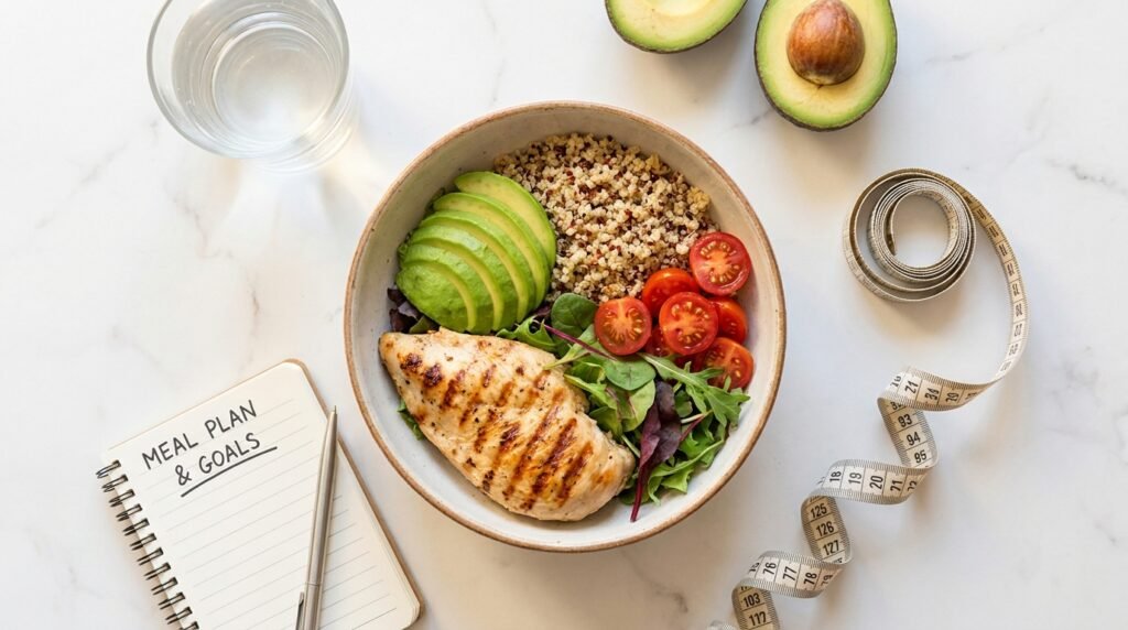 Balanced meal bowl with protein and vegetables representing a complete nutrition and weight management plan for 2026