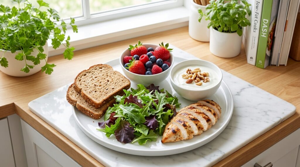 DASH diet meal plan with whole grains, vegetables and lean protein for weight loss