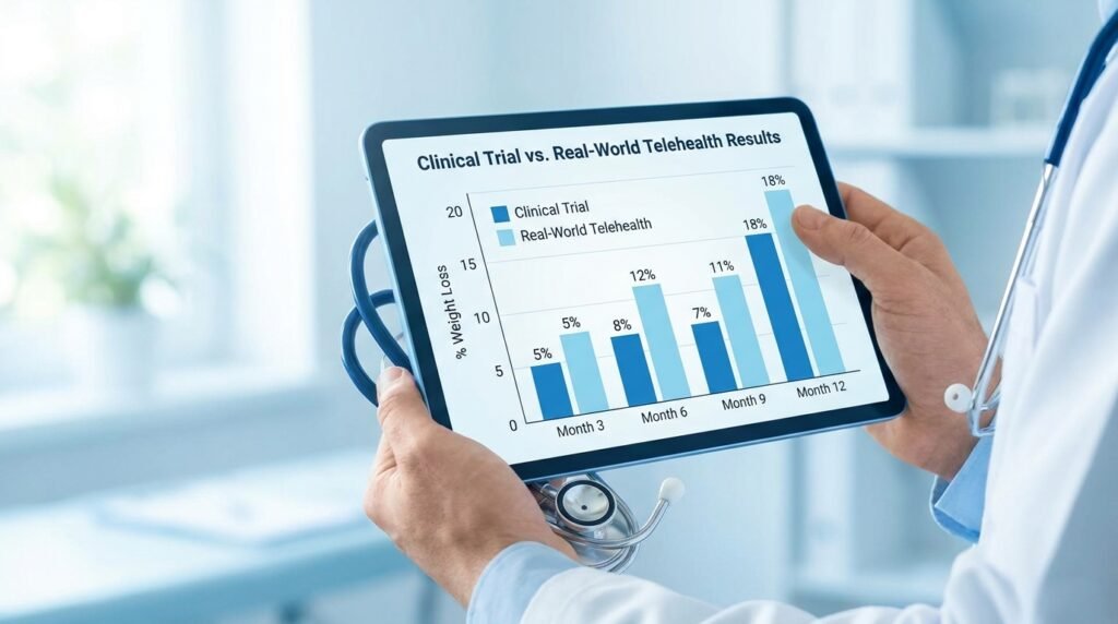 Doctor holding a tablet showing clinical trial versus real-world telehealth weight loss results chart comparing semaglutide and tirzepatide data