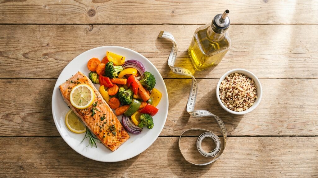 Healthy balanced meal for a diet to lose weight including salmon, vegetables, and whole grains