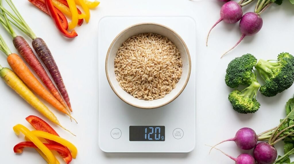 Kitchen scale with portion of healthy food illustrating the concept of calorie balance and energy deficit for weight loss