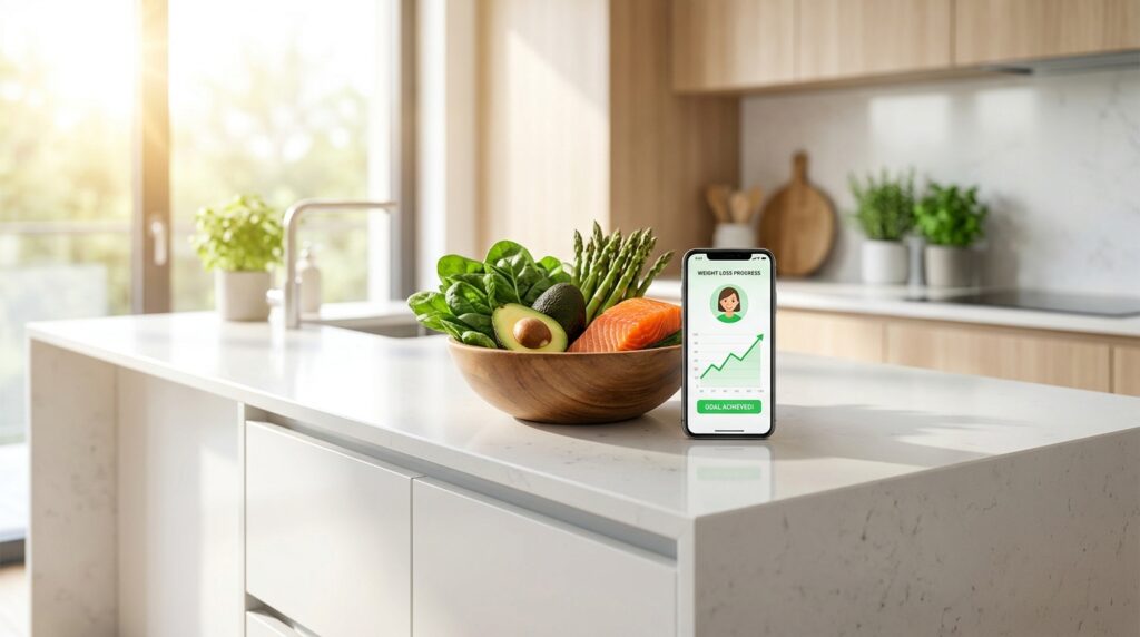 A clean kitchen setup with healthy food and a tracking app, representing modern weight and nutrition management.