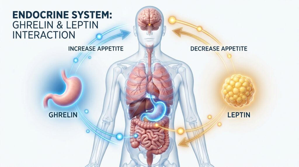 Medical illustration showing the biological hormones that influence weight and hunger.
