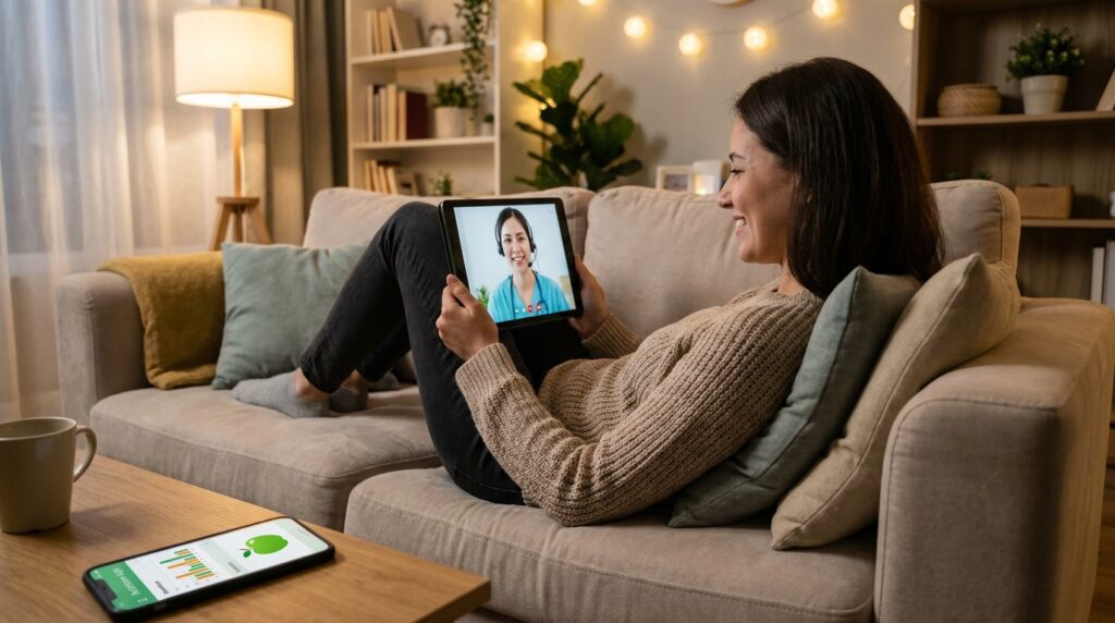 Person using affordable telehealth weight loss and online weight loss app at home