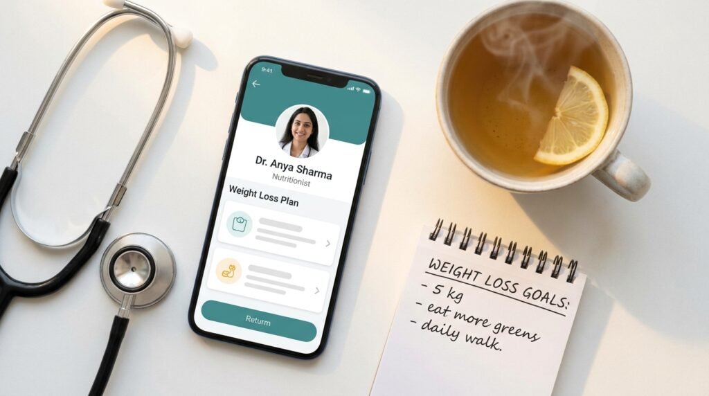 
Smartphone showing a telehealth weight loss app interface beside a stethoscope and health notes on a white desk