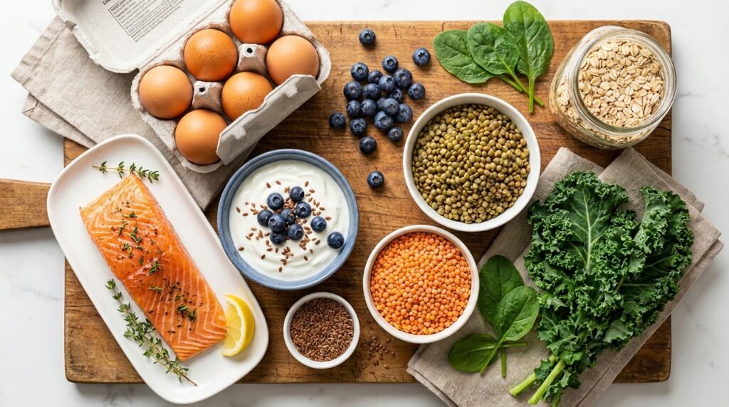 Whole protein-rich and high-fiber foods including eggs, salmon, lentils and oats laid out on a wooden board for healthy weight loss nutrition