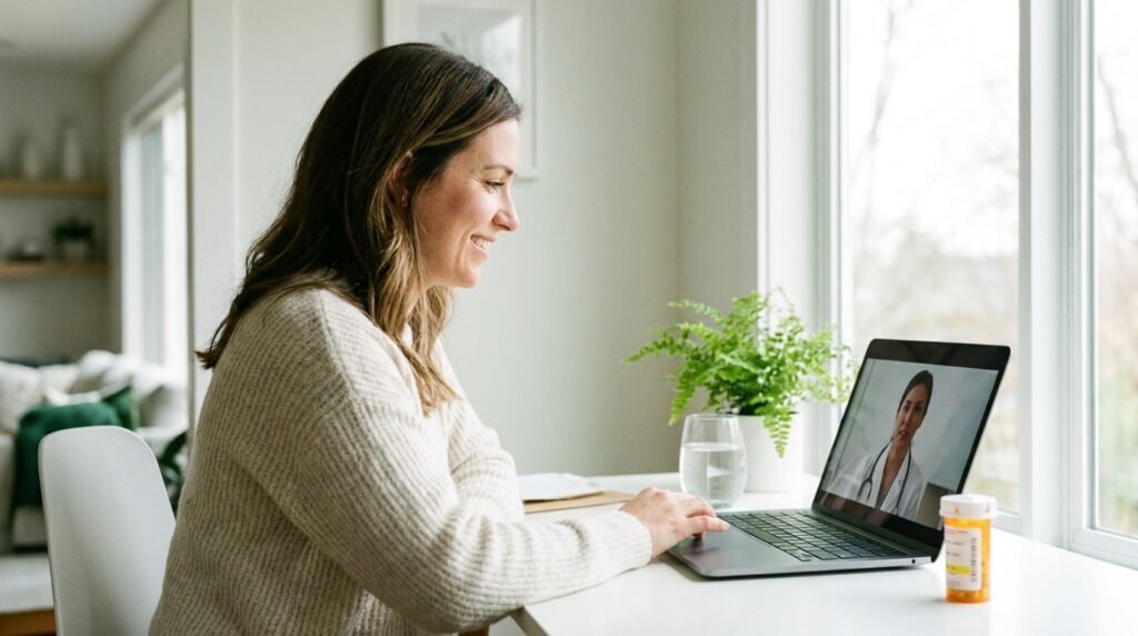 Woman doing a telehealth weight loss program video consultation with her doctor from home in 2026