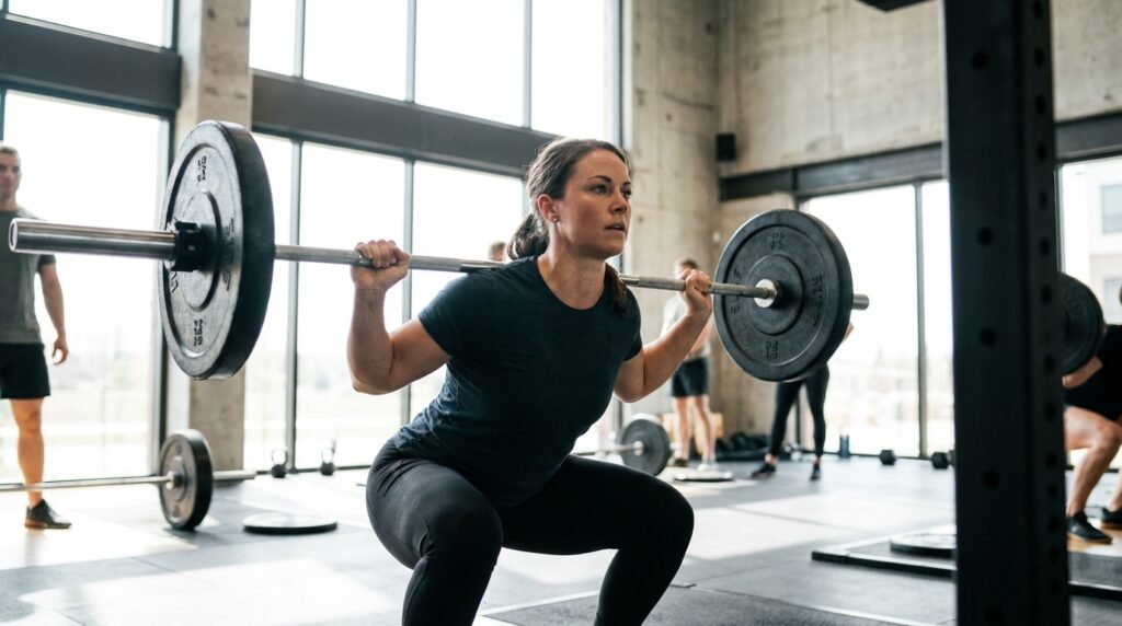 Woman doing barbell squats in a gym demonstrating resistance training as a key strategy for fat loss and body recomposition