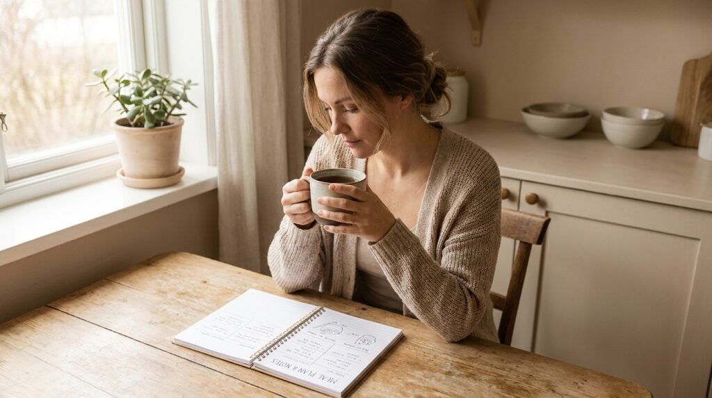 Woman reviewing her weight loss plan at home, representing the emotional and biological challenges behind weight management