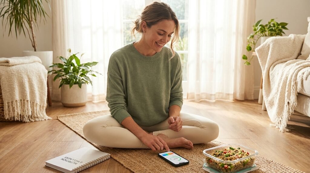 Woman tracking her weight loss progress on a health app during a behavioral coaching session as part of her telehealth weight loss program