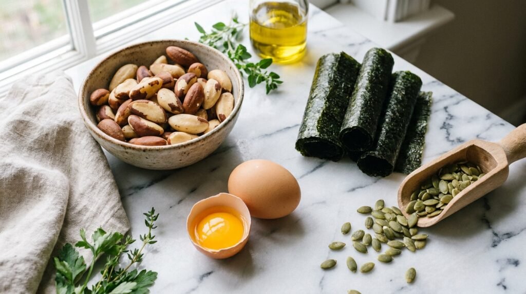 Brazil nuts, eggs and seaweed on a counter, foods that support Thyroid Weight Loss