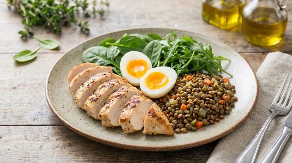 Healthy plate of eggs, chicken and greens that helps boost PYY Satiety naturally