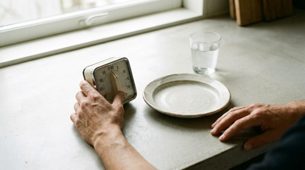 Kitchen timer beside an empty plate, representing fasting for better Insulin Management