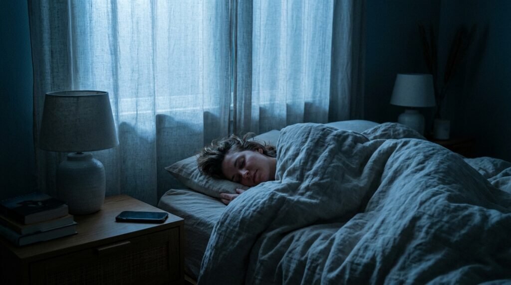Person sleeping peacefully in a dark cool room to support a healthy Sleep-Hormone Axis