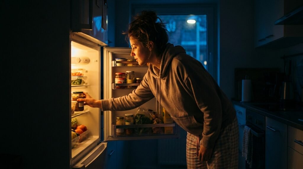 Woman reaching into a fridge at night, showing late-night cravings linked to Leptin Resistance